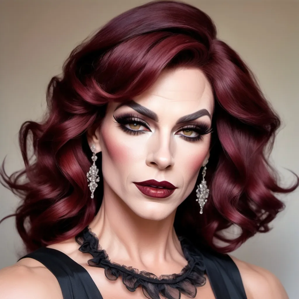 Prompt: Gorgeous muscular 35-year-old French drag queen (very strong masculine jawline and brow features) with big busom, dark red hair, dark eyeshadow, dark lipstick, elegant children's church style dress (frilly and loose), summer sundress, a lot of details, high quality, standing straight, arms to the sides, paper doll, watercolor,