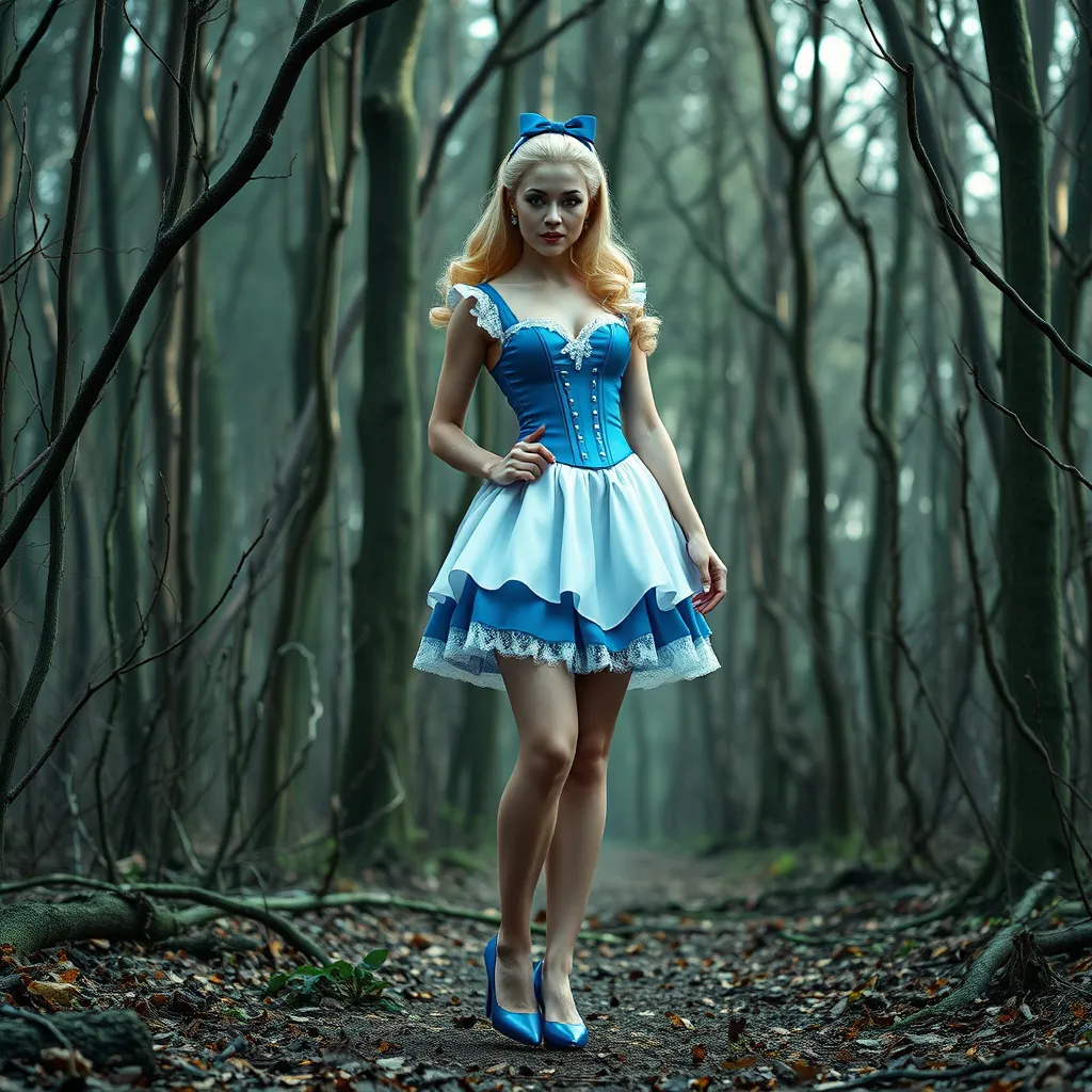 Prompt: Alice in Wonderland transformed into a gorgeous ultra-muscular 25-year-old Swedish drag queen with large busom, standing and wearing Blue Corset, White Skirt, 8 inch stiletto high heel shoes, masterpiece, in a Creepy Forest,with Dead bloody trees, Beautifoul, Ultra HD,16K, Extrêmely detailed,Halfling proportions,