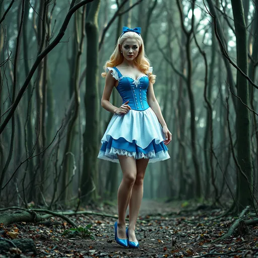 Prompt: Alice in Wonderland transformed into a gorgeous ultra-muscular 25-year-old Swedish drag queen with large busom, standing and wearing Blue Corset, White Skirt, 8 inch stiletto high heel shoes, masterpiece, in a Creepy Forest,with Dead bloody trees, Beautifoul, Ultra HD,16K, Extrêmely detailed,Halfling proportions,