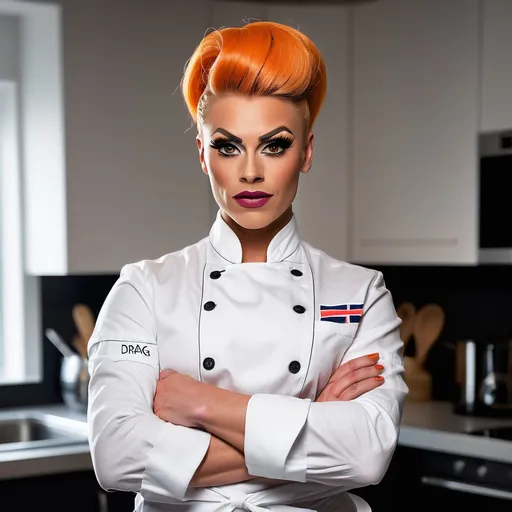 Prompt: The portrait should capture a confident gorgeous muscular 25-year-old Norwegian drag queen chef, standing in a stylish, modern kitchen. She’s wearing a crisp white chef's jacket with neatly rolled sleeves, and an apron tied around her waist. Her face has a warm, friendly expression, with eyes that show both passion and focus. Her short, dark orange hair is well-groomed. She has on dark eyeshadow and dark red lipstick.

In one hand, she’s holding a wooden spoon, stirring a pot on the stove, and in the other, she’s holding a small plate with artfully arranged food. The kitchen behind she is sleek, with stainless steel counters, pots hanging on the walls, and fresh ingredients like herbs and vegetables neatly arranged. The colors are vibrant yet natural, giving a sense of liveliness and freshness, with subtle hints of warm sunlight streaming in through a nearby window.

Overall, the mood is a blend of professional mastery and down-to-earth charm, conveying a chef who loves her craft and connects with her food and environment.