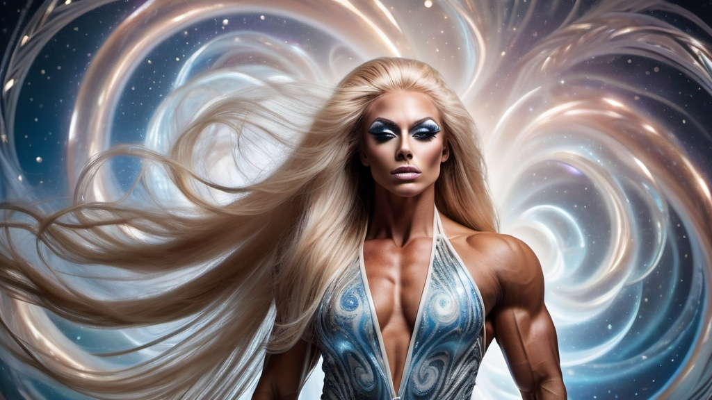 Prompt: A gorgeous ultra-muscular 25-year-old Czechian drag queen bodybuilder with very long straight shiny hair, bathed in ethereal light, surrounded by swirling patterns reminiscent of turbulent winds and celestial bodies. Within the chaos, there is a sense of calm determination in the subject's expression as they gaze upwards towards a distant point of light, representing their journey through adversity ("Per Aspera") towards the lofty heights of their aspirations ("ad Astra").