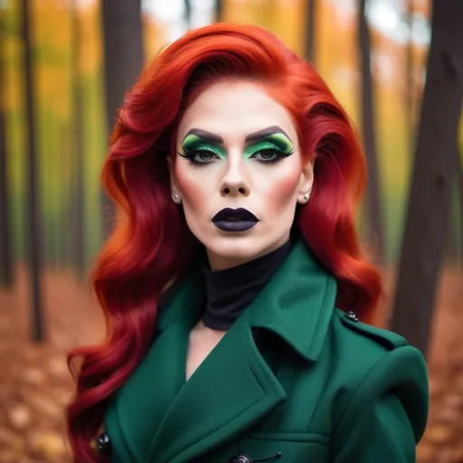 Prompt: Beautiful drag queen, bright red hair, in autumn forest in green long fashion coat, dark eyeshadow and dark lipstick,  very strong masculine jawline and brow,.