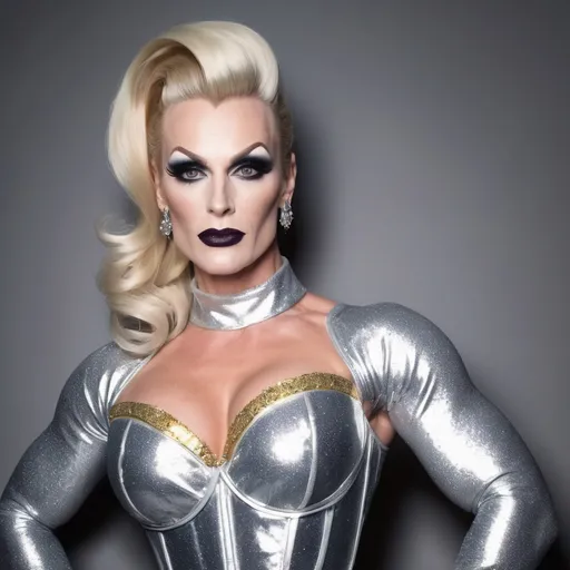 Prompt: Tall, athletic physique, effeminate, 35-year-old pretty Finnish drag queen bodybuilder, with smooth clean shaven masculine face (strong masculine facial features), with dark eyeshadow, dark lipstick, heavy mascara. Long silver classically stylish updo hair, large busom implants. Wearing a gorgeous high a-line neck corsetted gold sequined gown, and long muscular legs wearing 8 inch stiletto high heel shoes. ((Posing in front of a nightclub at night with a sly grin on his face.))