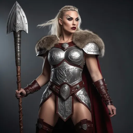 Prompt: Generate a highly photorealistic portrait full body shot of a gorgeous muscular 35-year-old Viking Valkyrie drag queen (strong masculine jawline and brow features) with large busom, holding a magical spear, silvery viking armor with runes, dark red lipstick, thick legs, over knee boots. She is looking down while standing. She is standing in an ancient Viking city.