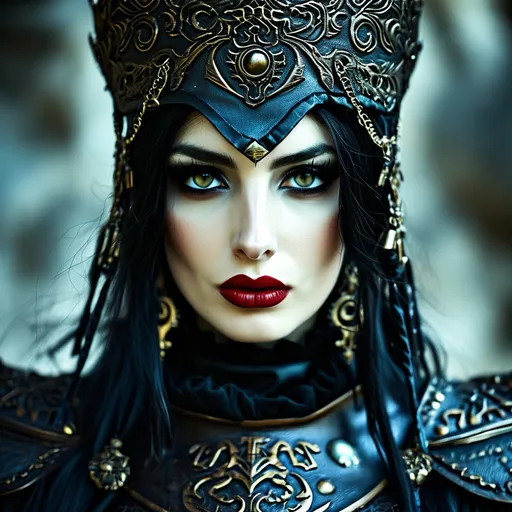 Prompt: Grunge style, stylish Turkish drag queen, (a formidable heroine:1.3), (gothic fantasy:1.25), (warrior armor:1.2), dark allure, formidable armor, ornate engravings, demonic motifs, spiked gauntlets, leather corset, skull ornaments, mystical symbols, ethereal glow, fierce countenance, haunting beauty, moonlit battlefield, (eerie lighting:1.2), (sinister hues:1.1), (intricate patterns:1.15), Textured, distressed, vintage, edgy, punk rock vibe, dirty, noisy