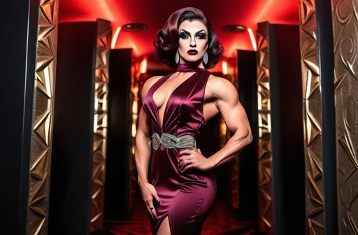 Prompt: Gorgeous ultra-muscular 25-year-old Turkish drag queen bodybuilder with very short dark red stylish hair wearing an evening gown in an art deco pattern and 8 inch stiletto high heel shoes. Dark eye makeup and dark lipstick.