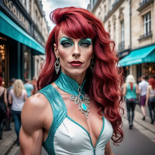 Prompt: Gorgeous muscular 35-year-old French drag queen (masculine jawline and 
brow features) with long dark red bangs haircut walking down the high street, detailed clothing, realistic, natural lighting, vibrant fantasy style, luxurious white curly/coily hair, striking turquoise eyes, magical atmosphere, enchanting light, whimsical background filled with fantastical elements, lush colors, dreamy vibe, high depth, ultra-detailed, captivating and imaginative composition.