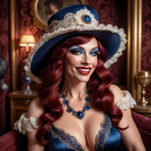 Prompt: photorealistic, (8K), vintage art nouveau portrait, beautiful muscular 35-year-old Slovic drag queen, (regal gown emphasizing Décolletage), lace details, chic shag cut dark red hair, (sapphire eyes), big warm smile, milliners hat, (luxurious room ambiance), sitting on (blue divan), intricate decor, soft warm lighting, ultra-detailed textiles, rich color tones, high quality sumptuous environment.