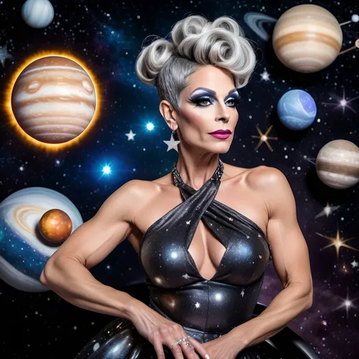 Prompt: Gorgeous muscular 45-year-old French drag queen Goddess with salt and pepper updo hair with stars in her eyes wearing a short flowing star covered halter top gown sitting on a planet looking out into space. Background is the solar system 