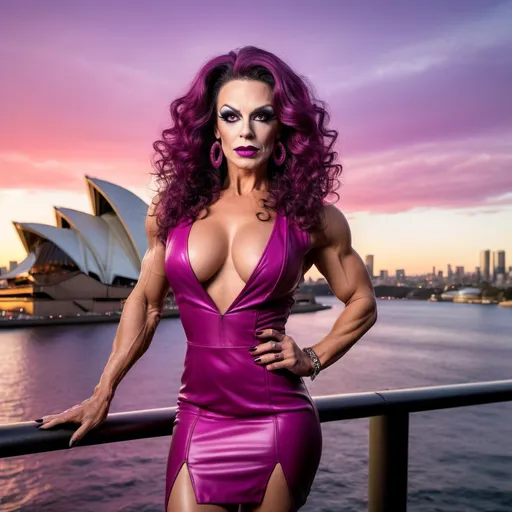 Prompt: A gorgeous muscular 35-year-old French drag queen bodybuilder with large busom, dark eye makeup, dark lipstick, a long curly bright dark hair, wearing a loose magenta short A-line dres, and 6 inch stiletto high heel knee-high boots, Sydney Opera House at sundown in the background. 