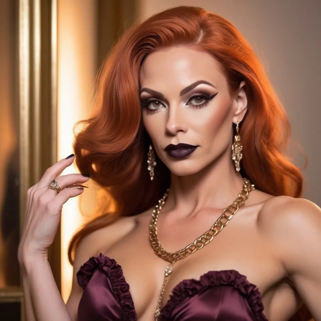 Prompt: Radiating elegance, a Gorgeous muscular 35-year-old French drag queen bodybuilder (with masculine facial features, dark lipstick, large busom) stands confidently, adorned in a sheer, romantic gown embellished with delicate floral patterns and ruffled details that cascade gracefully around her figure. Her long, wavy burnt orange hair frames her face, complementing her softly glowing skin and expressive eyes that hint at poise and charisma. Clutching a striking gold handbag with a chic chain strap, she exudes a blend of sophistication and modern flair, while the warm peach backdrop and soft lighting enhance the dreamy atmosphere of the scene. The composition focuses on her poised stance and playful smile, capturing a moment rich in style and confidence, perfect for a high-profile event. The overall aesthetic is one of timeless beauty, effortlessly blending vintage charm with contemporary fashion.