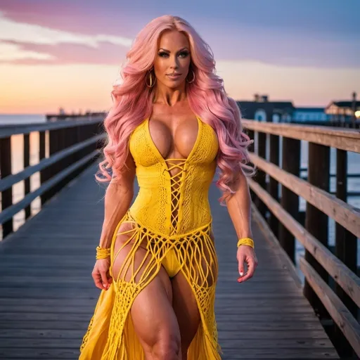 Prompt: Gorgeous ultra-muscular 25-year-old Finnish goddess bodybuilder with huge busom and ridiculously long wavy pink hair wearing a beautiful yellow macrame dress and 8 inch stiletto high heel shoes walking on the boardwalk at dusk.