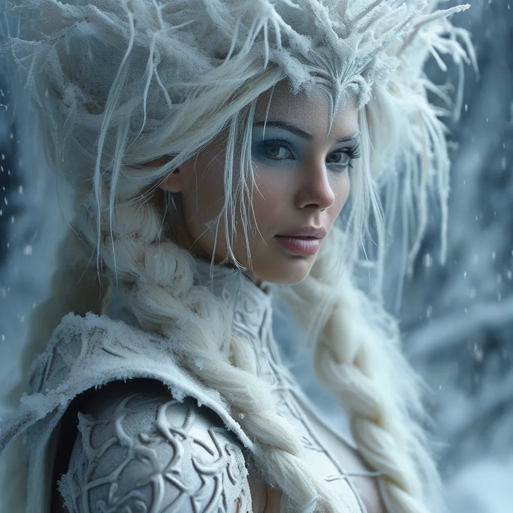 Prompt: Snow swirling, creating a gorgeous Ice goddess with muscular physique, well endowed, and ridiculously long icy hair, minimalistic, sleek