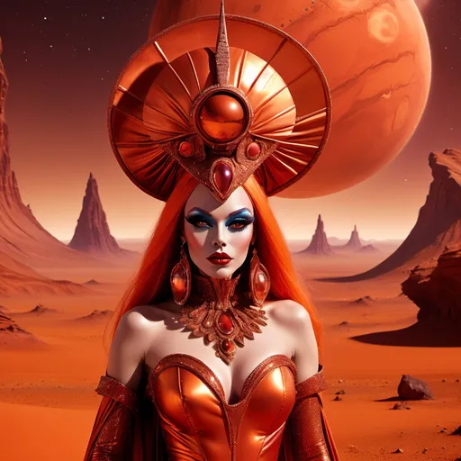 Prompt: The most beautiful drag queen on Mars wearing the traditional Martian dress.