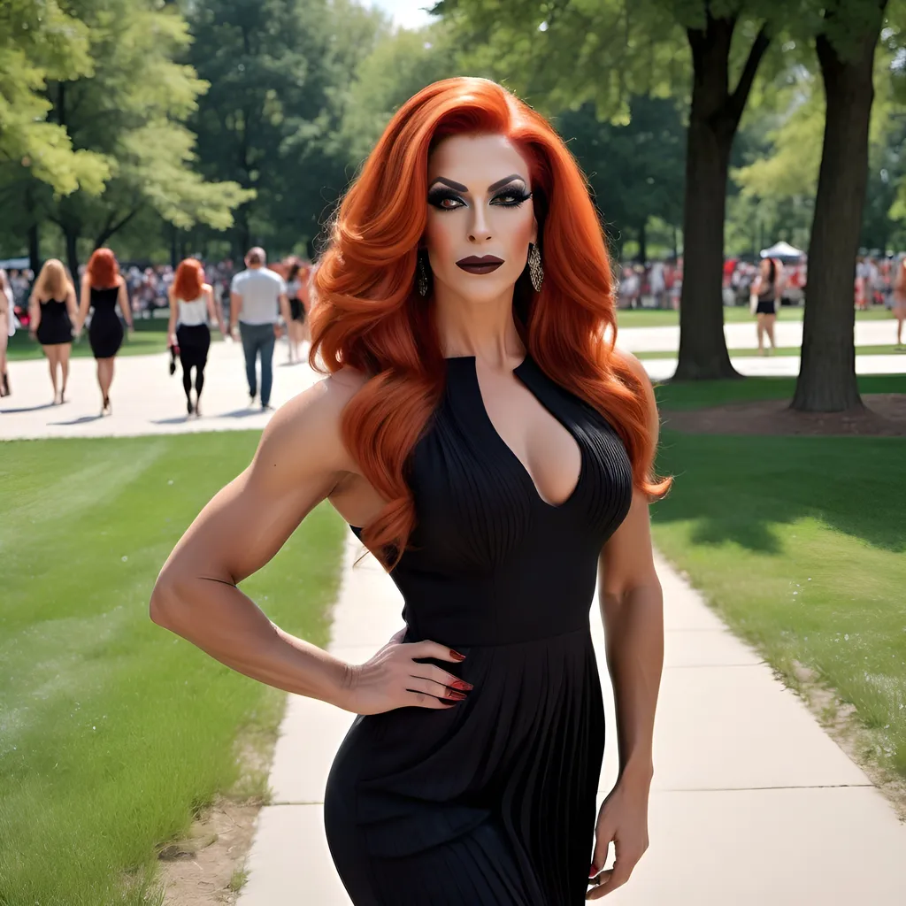 Prompt: A gorgeous muscular red-headed 35-year-old Turkish drag queen with a long dark orange swept over hair, with  strong masculine facial features,  dark eyeshadow and dark lipstick,  wearing a Knit Pleat-Back Dress, and 8 inch stiletto high heel shoes,  walking through Grant Park in the summer.