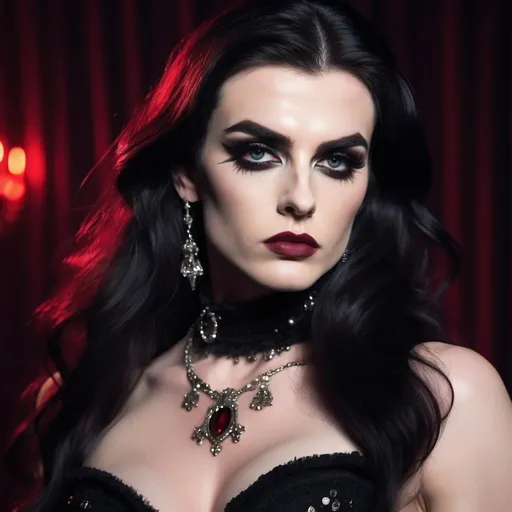 Prompt: Gorgeous muscular 25-year-old Czechian drag queen ((masculine jawline and brow features)) with dark eyeshadow,  heavy mascara,  dark red lipstick,  and long dark hair, superreal, no contrast, soft shadows, sharp focus, full body shot, dark Victorian clothes,dramatic lighting, bright color tones