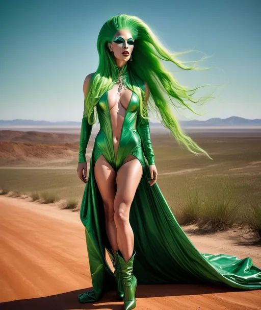 Prompt: Gorgeous ultra-muscular 25 year old orange skinned alien drag queen goddess with ridiculously long flowing green hair (((blowing in the wind))), muscular physique, celestial robes and 8 inch stiletto high heel boots looking out toward a fantastical celestial landscape