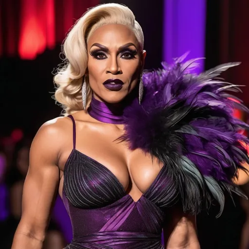 Prompt: Draped in a striking purple gown that hugs her figure, a Gorgeous, very muscular 35-year-old olive-skinned Greek drag queen bodybuilder (with masculine facial features, dark lipstick, large busom, blonde hair) commands attention with bold elegance. The dress features sheer panels and intricate feather detailing cascading from the waist, creating a dramatic silhouette that flares out at the bottom. Her makeup is glamorous, with bold red lips and smoky eyes, complemented by statement earrings that catch the light. Set against a vibrant urban backdrop alive with colorful lights, the scene radiates a fashionable, high-energy vibe typical of a night out in a bustling city. The overall mood exudes confidence and extravagance, highlighting the interplay between couture fashion and the lively environment.