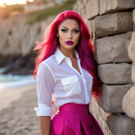 Prompt: (Stunningly beautiful muscular) olive-skin 25-year-old Dutch drag queen, (blue eyes), (very long flowing hair in mixed shades of red-magenta), symmetrical face, immaculate makeup, dark red lipstick, button-up white blouse, neon red skirt with cargo pockets, 6 inch stiletto high heel shoes, standing next to a stone wall, beach and ocean background, sunset daylight, dynamic pose, high-res, pro photo, beach scene, flawless facial features, alluring expression, professional photography, warm and vibrant colors, natural lighting, 8k, sharp focus, high quality, luxurious fabrics.