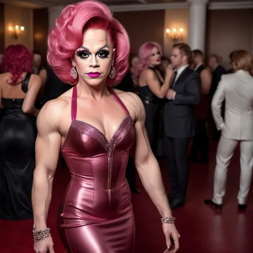 Prompt: 64k his-res digital Full length photograph of young Elton John dressed as a Gorgeous busomy 35-year-old Finnish drag queen bodybuilder with dark pink long updo hair style. (((Bronze and black ball gown and high heel shoes))). Dark eye shadow and dark red lipstick. Posing on the dance floor.