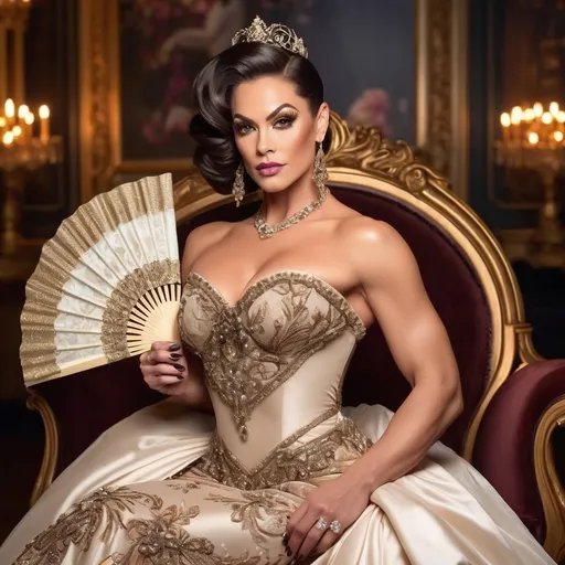 Prompt: Gorgeous muscular 35-year-old Victorian Drag Queen bodybuilder princess (strong masculine jawline and brow facial features), elegantly dressed in a lavish gown with intricate lace details, holding a delicate fan, exquisitely adorned with jewels, soft golden candlelight illuminating her surroundings, a luxurious opulent ballroom background, romantic and enchanting ambiance, intricate wallpaper patterns, vintage decor elements, high detail, 4K resolution, soft warm tones, evoking a sense of timeless beauty and royal grace.