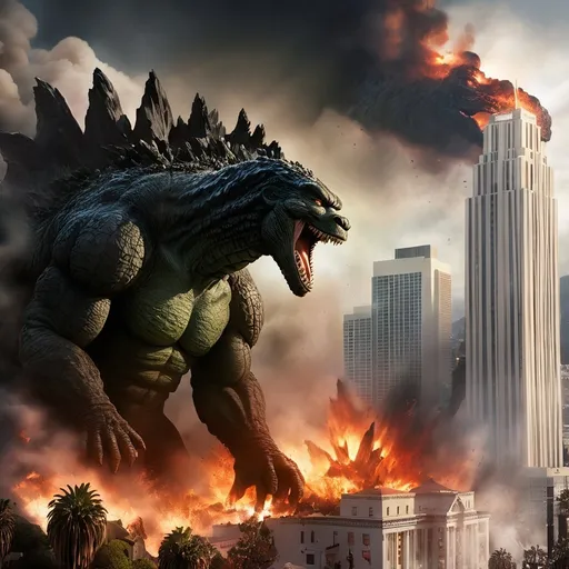 Prompt: Godzilla destroys Hollywood, California. 
