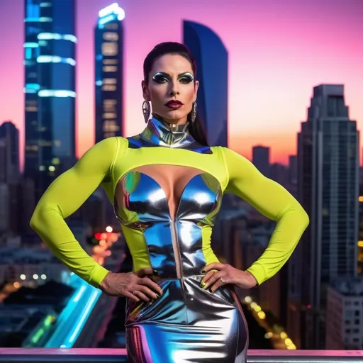 Prompt: Gorgeous muscular 35-year-old Portuguese drag queen bodybuilder wearing a Prada hyperfuturistic dress, sleek and avant-garde design, shimmering metallic fabrics, set against a vibrant y3k city skyline, towering skyscrapers, bright neon lights, bustling streets filled with technology, ultra-detailed, high-resolution, an atmosphere of innovation and luxury, captivating night scene, dramatic contrasts, a fusion of fashion and futuristic architecture.