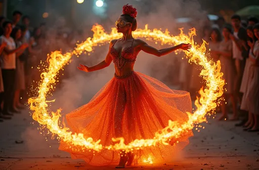 Prompt: Watercolor impressionist art, professional elegant circus stunning muscular 25-year-old French drag queen performer wearing intricate dance outfit playing a set of hula hoops made of lava elements and burning charcoal with elegant action on top of a building , and  a fire elements come out from inside her forming a orange and red trail of sparkling dress, illuminated bokeh twinkling glittery background. studio lighting. Mesmerizing and spectacular splendid performance. Masterpiece of art, thrilling and exciting to view from the audience.