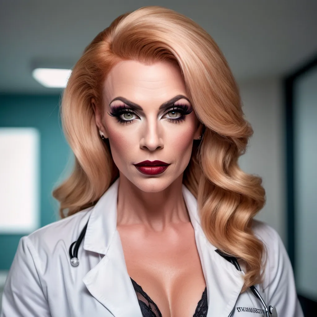 Prompt: Gorgeous muscular 35-year-old  British drag queen doctor with strawberry-blonde hair, dark eyeshadow,  dark red lipstick, big busom, photorealistic picture, detailed facial features, doctor outfit, hospital background, confident expression, intelligent gaze, high quality, professional lighting