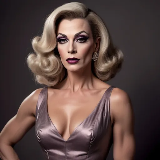 Prompt: photorealistic, (old Hollywood 1960s style), (a Gorgeous muscular 40-year-old Hungarian drag queen (extremely strong masculine jawline and brow features)), elegant attire, dark eye makeup, dark lipstick, full length body, soft lighting capturing a nostalgic atmosphere, muted pastel colors, random hair color, random hair length, timeless beauty, luxurious and refined setting, classic film vibe, vintage glamour, intricately detailed background elements, opulent decor, art deco influences, airy ambiance, warm tones, HD, ultra-detailed, cinematic quality.