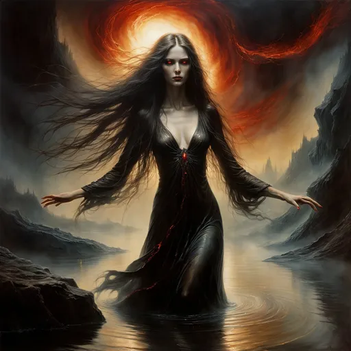 Prompt: Surrealistic dark fantasy art. Close-up medium shot. A nue woman with flowing long hair reaching out to touch River Styx, a dark shrouded figure in the background. Warm golden light. Eerie dark shadows. "Mysterious swirling smoke". "Glowing red eyes in the darkness". " Woman's hair flows like the river". Luis Royo, H.R. Giger, Gustave Doré, dark mystical atmosphere, best quality, incredibly detailed, surreal beauty, eerie landscapes.