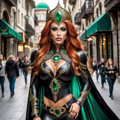 Prompt:  a mid range full body image of a Gorgeous muscular 25-year-old Turkish drag queen bodybuilder in the bustling city center wearing black leather armor with intricate ornate metal details studded with emerald gems and a bronze circlet with a large gem on her head, long black billowing cape curvy, powerful, braided flowing ginger hair, Aramenta Dianthe Vail, fantasy art, epic fantasy, computer graphics, high heels, corset, long loincloth with intricate details, stockings, magically glowing eyes, magical, night time