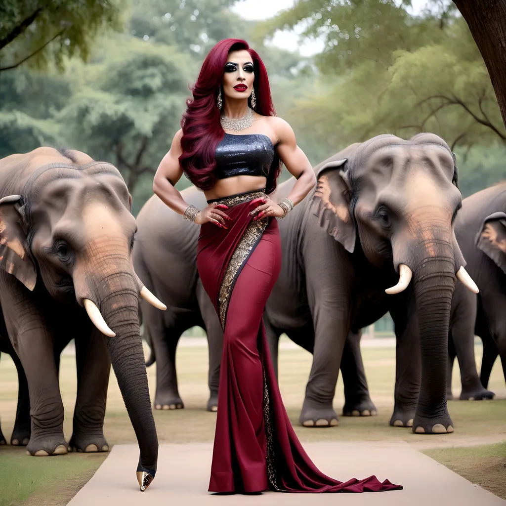 Prompt: A beautiful muscular 35-year-old Muslim drag queen in an elegant saree, her hands on her waist, with very long dark red hair,  dark eyeshadow and dark lipstick,  8 inch stiletto high heel shoes.  Posing in a gorgeous park with elephants.