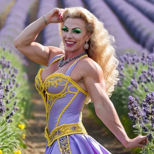 Prompt: Generate gorgeous muscular 35-year-old Ukrainian drag queen bodybuilder with big busom, long blonde curly hair and green eyes, she is dressed in traditional Ukrainian dress and 6 inch stiletto heels, she is running thru the lavanda field, her arms are up to the sun , she is smile and her face is shine with positive mood and talking phone