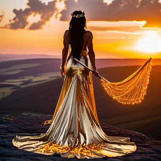 Prompt: Gorgeous ultra-muscular 25-year-old Finnish drag queen bodybuilder with very long dark orange wavy hair wearing a shimmering golden robe wrapped around her body and waving a golden wand tipped with sunlight which glows brightly. Standing at the top of a cliff at dawn.