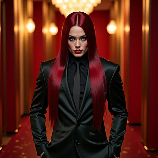 Prompt: Gorgeous ultra-muscular 25-year-old Polish drag queen bodybuilder with very long straight shiny dark red hair and heavy makeup wearing a YSL suit, (fashion masterpiece) sleek design, luxurious black fabric, (high-fashion aesthetic), elegant silhouette, dramatic pose on a stylish model, vibrant background with an opulent atmosphere, golden accents, illuminated with soft, warm lighting, captivating ambiance, ultra-detailed, high-quality, visually striking composition.