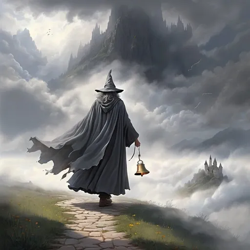 Prompt: Misty morning, clouds in the sky
Without warning, a wizard walks by
Casting his shadow, weaving his spell
Long, grey cloak, tinkling bell