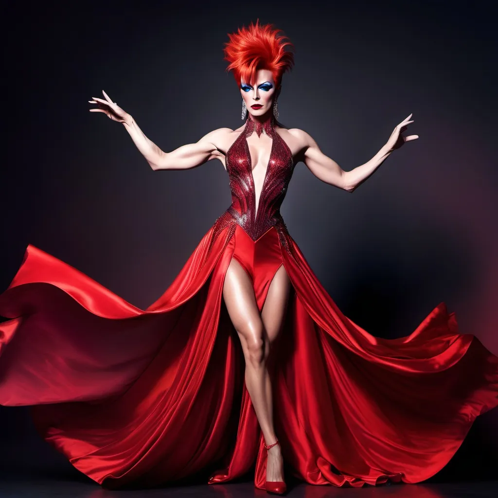 Prompt: If David Bowie was a gorgeous muscular drag queen (full length photo) with long muscular legs and a very muscular physique. Performing in a beautiful gown. Dark eye shadow, heavy mascara, and dark red lip stick.