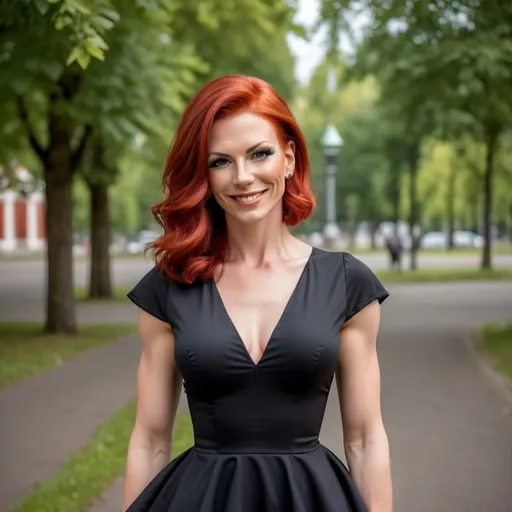 Prompt: Gorgeous muscular Latvian transwoman (with short stylish red hair) in her early 30s, smiling and walking outdoors, and wearing a black puffy short-sleeved  knee-length peplum church dress and high heel shoes. Full length 