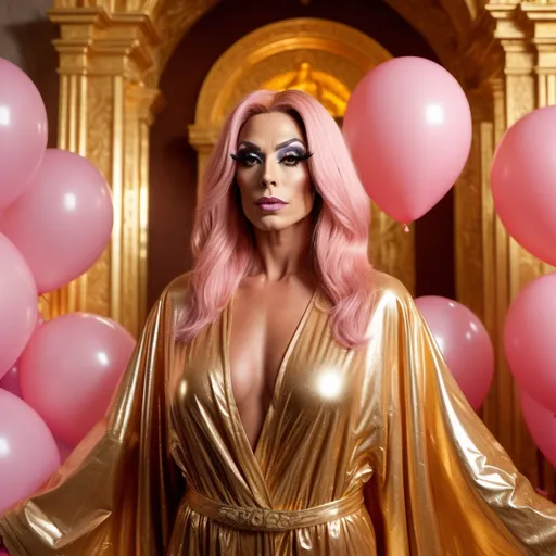 Prompt: a gorgeous muscular 35-year-old British drag queen (strong masculine jawline and brow features) wearing a wrap around robe standing on an altar in a golden decorated temple-like room, behind her are pink inflatable balloons, there is light from above and it looks like she is washed by the golden light, 