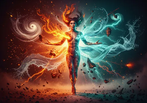 Prompt: A full-body surreal portrait of a luminous, muscular 35-year-old Japanese drag queen (with dark eyeshadow, dark red lipstick, long dark red manicured fingernails) looking at the camera emerging from pure elemental chaos. Her bioluminescent body is sculpted from the four primordial forces: molten fire flowing through her veins, cascading rivers of water wrapping around her form, swirling winds dancing like translucent ribbons, and cracked, glowing fragments of earth rising from her skin. Each element bursts outward in radiant chaos, dissolving into fractal patterns of sand, mist, sparks, and energy. Her hair streams like fire and storm clouds entwined, her arms radiate liquid light, her long, toned legs rooted in glowing earth yet dissolving into dust. The environment expands with insane, intricate details—whirlwinds, lava sparks, tidal waves, and crystalline shards—coalescing in high-depth, harmonious colors of turquoise, orange, crimson, and emerald. The scene glows with ethereal ambiance, ultra-detailed artistry, sharp contrast, and rendered as a breathtaking 8K masterpiece.
