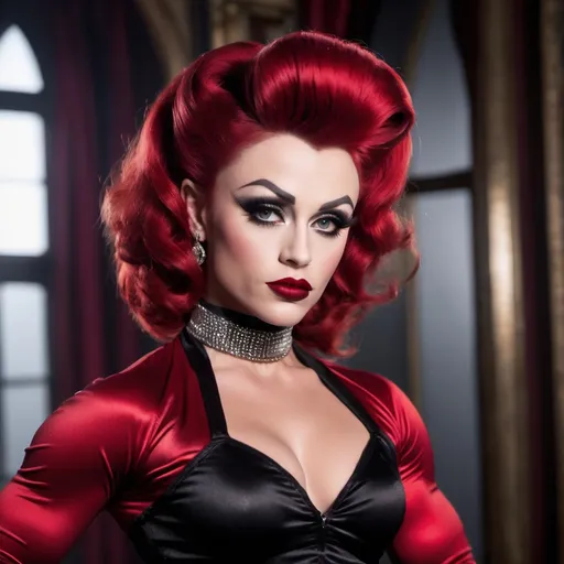 Prompt: Imagine a photo of James Dean dressed up as a gorgeous ultra-muscular 25-year-old Finnish drag queen bodybuilder, mirror behind her. wearing a red goth velvety blouse, and short pleated skirt and black tights. wearing a choker. Dark eye shadow, heavy mascara, dark red lipstick. very attractive. high detail realistic. full body shot, professional photo. Studio lighting, backlit, realistic lighting. hdr uhd 8k ultra-realistic render,  very high detail skin, beautiful face,