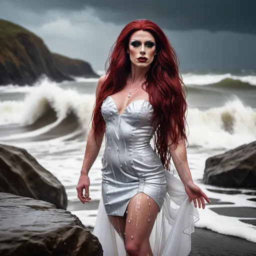 Prompt: A glamorous, gorgeous,  muscular 25-year-old Czechian drag queen with very long dark red hair, standing on a rock on the beach with waves crashing down on her, 
She is wearing a mini wedding dress and is soaking wet.
rainy weather, Wet face, Wet hair, water flowing from her body.
full body shot, hyper detailed, ultra realistic, highly detailed, surreal heavy mist, AI defined exquisitely beautiful, totally ultra realistic, gorgeously detailed, perfect body proportions, pale, ultra glamorous, perfect shading, impeccable contrast, HDR, UHD, high res, 64k