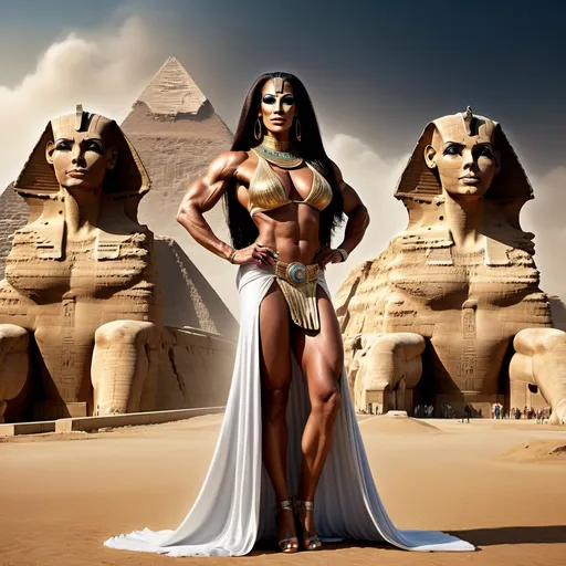 Prompt: （Full body image)In ancient Egypt, a gorgeous muscular 35-year-old Egyptian drag queen bodybuilder, dressed in flowing formal attire, standing with the majestic Great Sphinx in the background, receiving the admiration of the people. Digital art, hyper detailed, ultra realistic, highly detailed, surreal heavy mist,

Perfect studio lighting, perfect shading, impeccable contrast, HDR, UHD, high res, 64k
