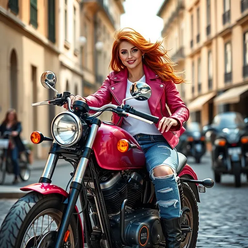 Prompt: photorealistic, (8K) image of a beautiful ultra-muscular 25-year-old Swedish drag queen bodybuilder riding a Harley-Davidson Softtail, (elegant) European cobblestone street, (sun-kissed) atmosphere, windswept dark orange hair, sparkling green eyes, flawless diamond face, (curvaceous) figure, stylish hot pink leather jacket, white Tshirt, ripped denim jeans, chic black leather 8 inch stiletto high heel boots, radiant smile, (highly detailed) and vibrant colors, create an inviting and cheerful ambiance.