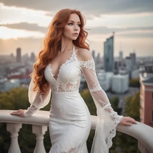 Prompt: Gorgeous 25-year-old Finnish goddess bodybuilder with ridiculously long wavy crimson hair wearing an elegant modest white wedding dress, standing on the balcony of her luxurious mansion overlooking the city skyline. She has soft makeup and hair styled into loose waves with bangs. The gown features delicate lace detailing along its bodice and halter neckline, complemented by sheer sleeves that accentuate her figure's curves. Her pose is confident yet graceful as she gazes out at the horizon, embodying grace and elegance in timeless beauty in the style of a classic painting