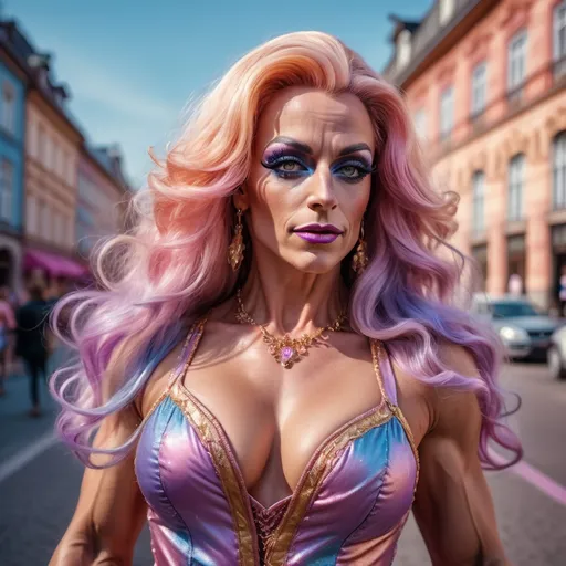 Prompt: hyper-realistic portrait, cinematic film still, of a gorgeous muscular 35-year-old German drag queen bodybuilder in a short boho-rococo dress, dancing on the street, pretty eyes, glistening skin, plump lips, long hair, lilac blue orange cream pink gold bright vivid vibrant gradient colors, uplifting mood, fantastic realism, crisp, epic,