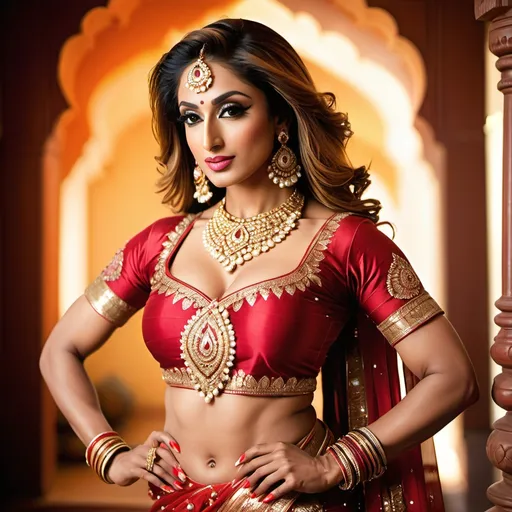 Prompt: A gorgeous ultra-muscular 25-year-old Pakistani drag queen bodybuilder, perfect, (Iman Ali of Lahore), in traditional bharatanatyam costume and jewelry, her face perfectly serene, her body perfectly relaxed. 
Standing amidst a radiating swirl of silk-zari-swathes. A gentle shaft of warm sunlight focusses light on her perfect midriff.
Nature worship. Boho aesthetic.
Full shot, view of her whole form.
Ethereal, hyper-real.