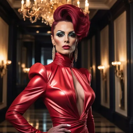 Prompt: (Gorgeous muscular 35-year-old Bulgarian drag queen bodybuilder with dark red hair wearing Mugler), high fashion, (elegant couture design), dramatic outfit, striking silhouette, chic accessories, glamorous makeup, vibrant colors, (ultra-detailed), modern aesthetic, luxury atmosphere, stylish ambiance, fashion runway vibes, ornate background, (captivating pose), captivating energy, confident expression, editorial style, haute couture inspiration, chic elegance, sophisticated lighting. ultra glamorous, perfect shading, impeccable contrast, HDR, UHD, high res, 64k