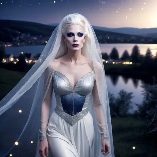 Prompt: (beautiful white Swedish drag queen) walking gracefully under a starlit sky, (melancholic mood), deep indigo and shimmering silver tones, soft ethereal glow, a delicate veil of night softly surrounding her, gentle whispers of a cool breeze, capturing a moment of quiet elegance, (highly detailed), enchanting landscape in the background, timeless and romantic atmosphere.